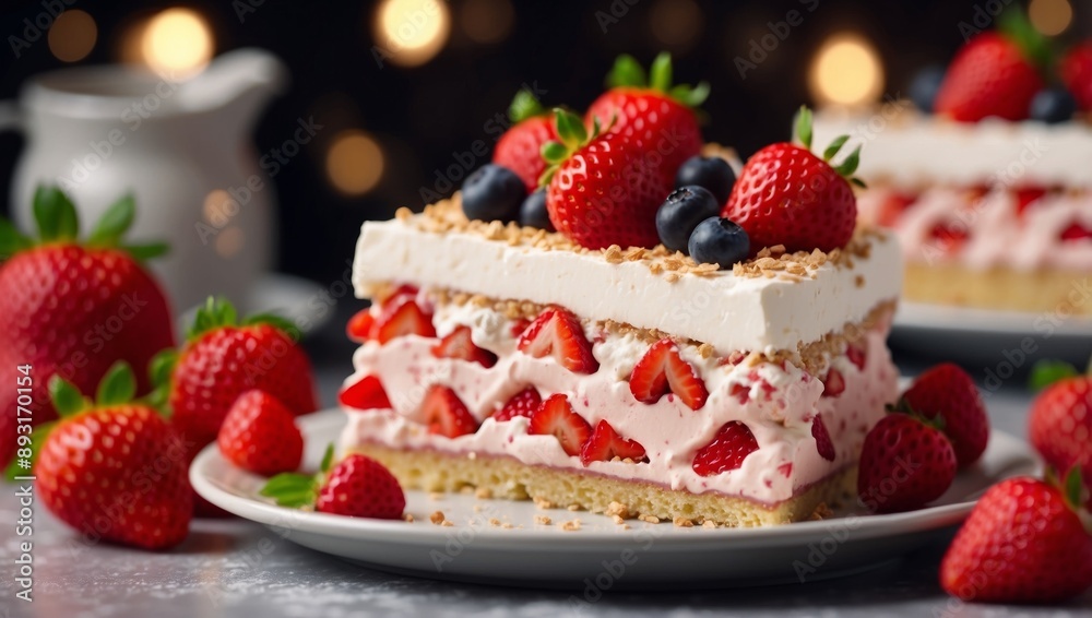 Tempting homemade strawberry sponge cake slice with fresh berries and whipped cream on a plate. Tempting homemade strawberry sponge cake slice with fresh berries and whipped cream on a plate.