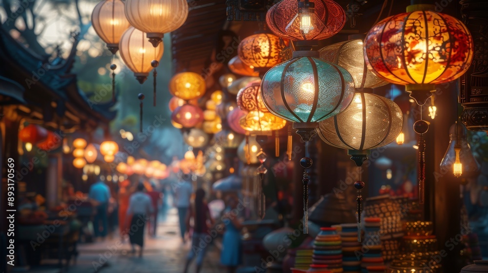 A Bunch of Colorful Lanterns Hanging From the Ceiling in a Market Place or Store - Generative AI A Bunch of Colorful Lanterns Hanging From the Ceiling in a Market Place or Store - Generative AI