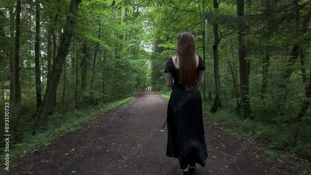 Lost girl seeks a sense of peace and rest in a green forest. Nature alone heals the soul with a walk