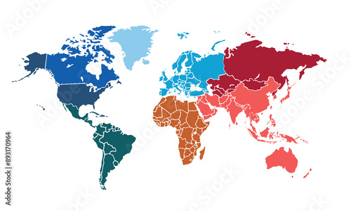 World map with individual colors,isolated on white background for website layouts,background,education, precise,customizable,Travel worldwide,map silhouette backdrop,earth geography, political,reports