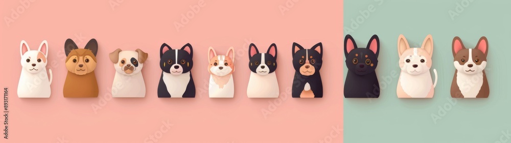 Colorful collection of playful dog sculptures in various breeds, showcasing cute features against soft pastel backgrounds, exuding charm and whimsy in design. Colorful collection of playful dog sculptures in various breeds, showcasing cute features against soft pastel backgrounds, exuding charm and whimsy in design.