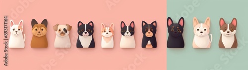 Colorful collection of playful dog sculptures in various breeds, showcasing cute features against soft pastel backgrounds, exuding charm and whimsy in design.