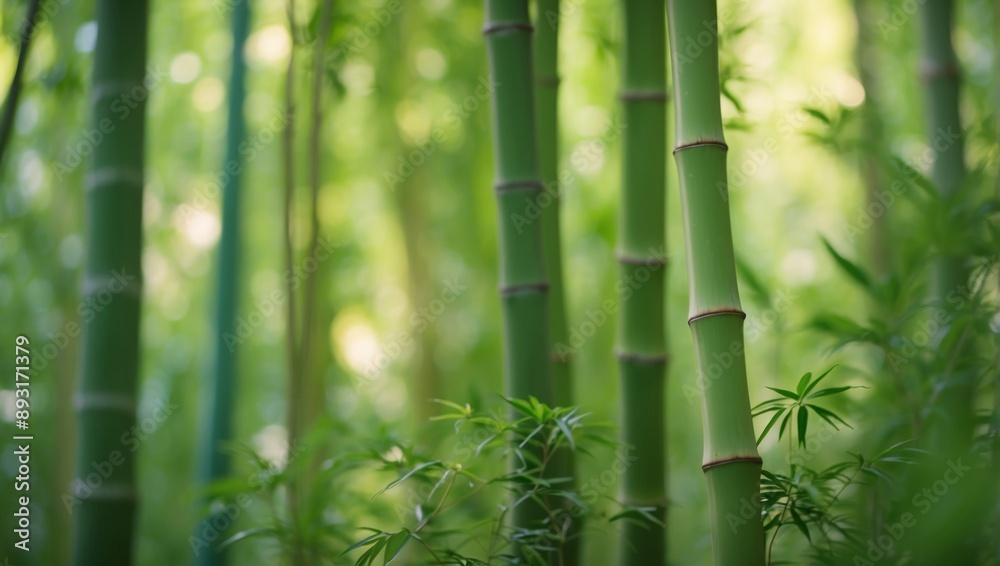 Fototapeta premium Serene bamboo forest and lush meadow in soft natural light with vibrant green leaves and tall trees.