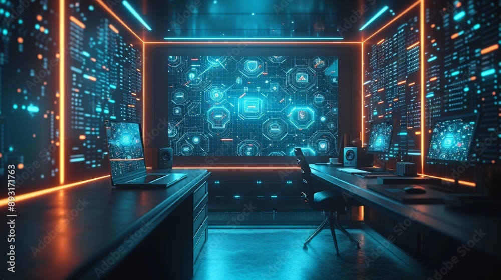 A Dark Room With Glowing Lights and Computers on the Desk in Front of It - Generative AI A Dark Room With Glowing Lights and Computers on the Desk in Front of It - Generative AI