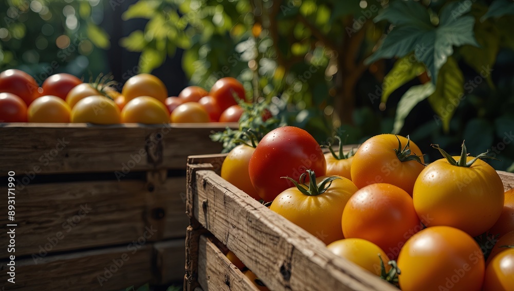 Vibrant tomato garden ripe red and golden yellow tomatoes in wooden crate amidst lush foliage.