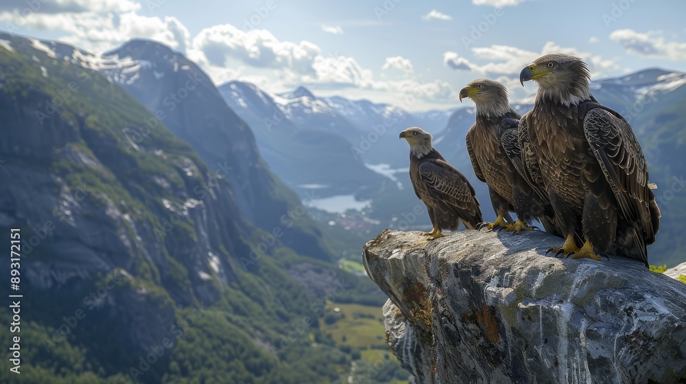 Fototapeta premium Three Bald Eagles Sitting on Top of a Rock Formation Overlooking a Valley and Mountains - Generative AI