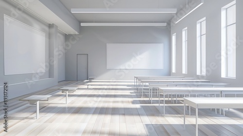 Classroom with minimalist white and grey d?(C)cor, light wooden flooring, and clean lines