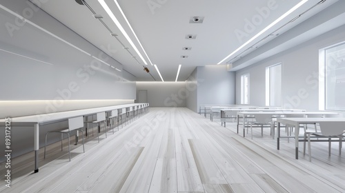 Classroom with minimalist white and grey d?(C)cor, light wooden flooring, and clean lines