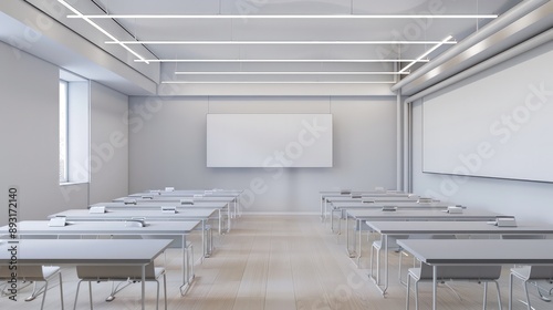 Classroom with minimalist white and grey d?(C)cor, light wooden flooring, and clean lines