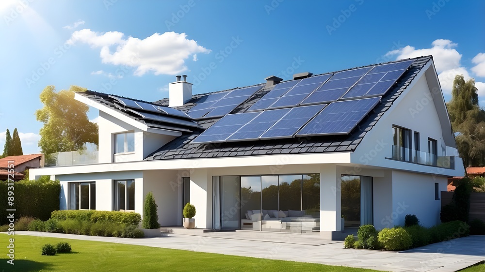 A stunning modern home's roof is covered in solar panels. A stunning modern home's roof is covered in solar panels.