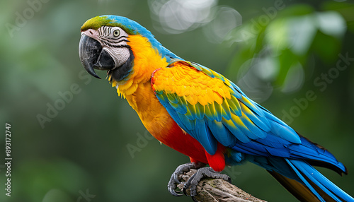 A parrot, colored blue and yellow, perches on a tree branch Behind it, a forest of green and brown trees