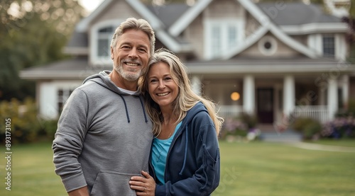 Happy middle-aged couple standing in front of their beautiful suburban home, smiling at the camera.