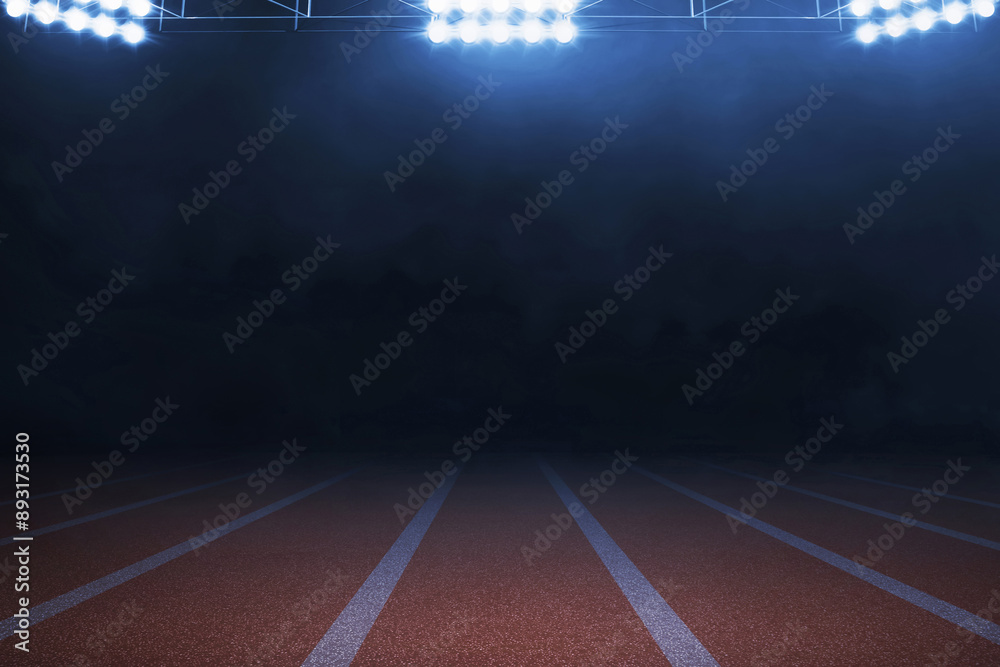 Naklejka premium Empty nobody running track at night with smoke, sport background