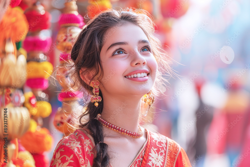 Indian girl smile wearing red cheongsam at lunar chinese new year festival Indian girl smile wearing red cheongsam at lunar chinese new year festival