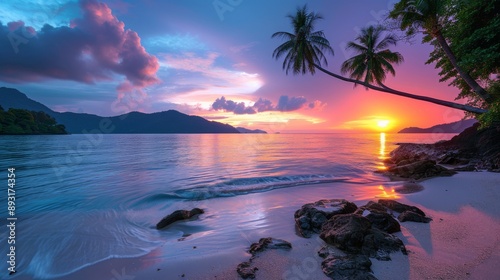 A Picture of a Sunset Over a Body of Water With Two Palm Trees in the Foreground - Generative AI