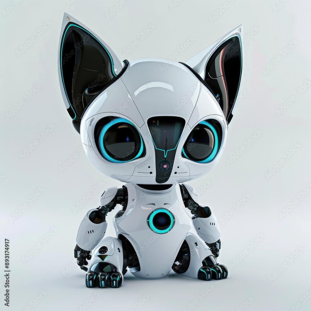 White Robotic Cat with Big Eyes and Black Ears White Robotic Cat with Big Eyes and Black Ears