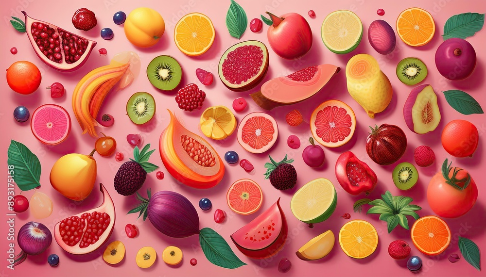 Fruit pattern, seamless fruit pattern, There is a light pink background with various fruit designs on the background, colorful fruits pattern background Fruit pattern, seamless fruit pattern, There is a light pink background with various fruit designs on the background, colorful fruits pattern background