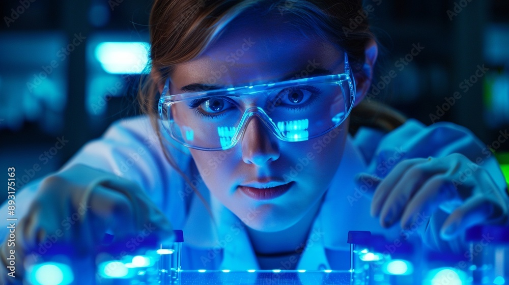 Scientist clad in luminous lab equipment, hightech research facility, glowing instruments, photorealistic, high detail Scientist clad in luminous lab equipment, hightech research facility, glowing instruments, photorealistic, high detail