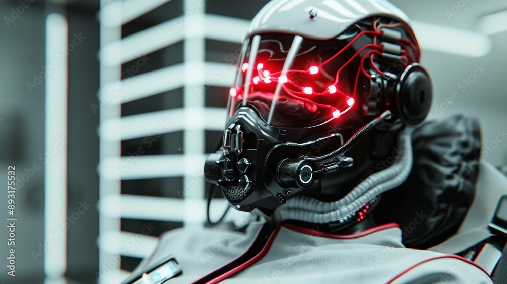 Human preparing for virtual reality experience, clad in neural link equipment, futuristic setting, photorealistic, detailed textures Human preparing for virtual reality experience, clad in neural link equipment, futuristic setting, photorealistic, detailed textures