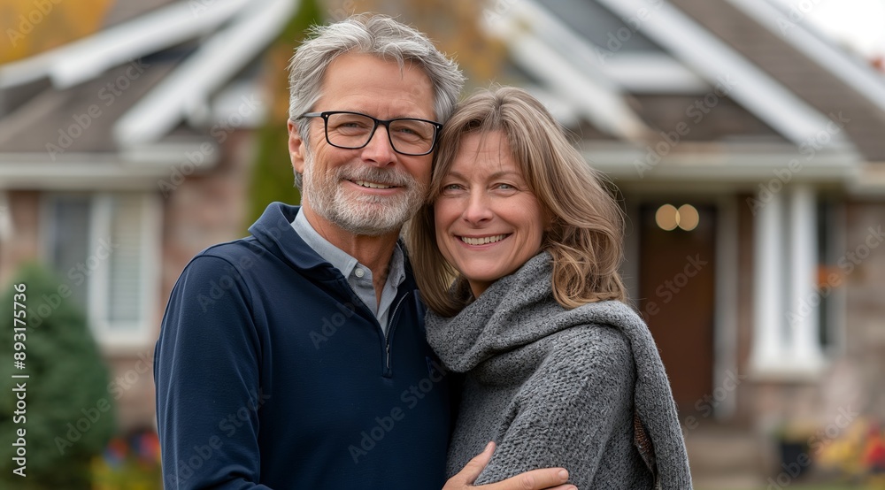 Happy middle-aged couple standing in front of their beautiful suburban home, smiling at the camera. Happy middle-aged couple standing in front of their beautiful suburban home, smiling at the camera.