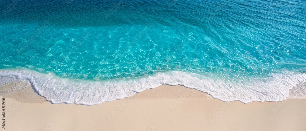 Obraz premium Aerial view of a blank white sandy beach with crystal clear water, empty shoreline, photorealistic, high detail