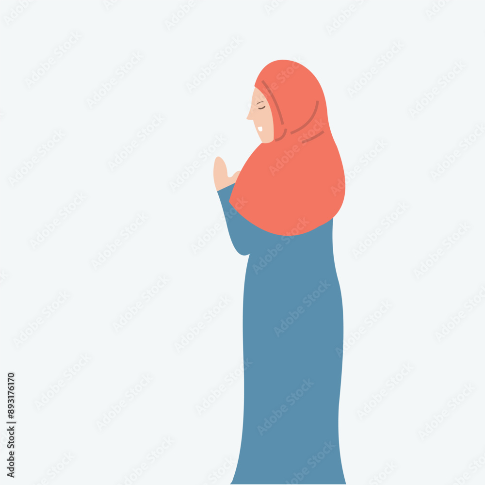 Vector design illustration of a beautiful woman dressed as a Muslim teacher with a hand gesture as if explaining something