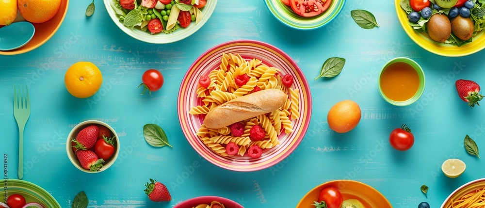 A family meal with a centerpiece of a baguette, surrounded by colorful dishes of pasta, salad, and fresh fruits, set on a lively tablecloth, photorealistic, high resolution A family meal with a centerpiece of a baguette, surrounded by colorful dishes of pasta, salad, and fresh fruits, set on a lively tablecloth, photorealistic, high resolution