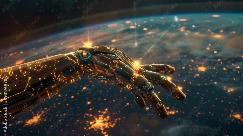 Naklejka premium AI technology connects the world. AI controls the internet and networks. AI helps robots interact with the Earth in a 3D space. AI connects devices to the internet.