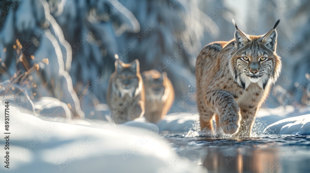 A Group of Lynx Walking in the Snow Near a Body of Water With Trees in the Background - Generative AI A Group of Lynx Walking in the Snow Near a Body of Water With Trees in the Background - Generative AI