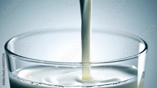 Milk pouring into a clear glass isolated on blue background

 photo