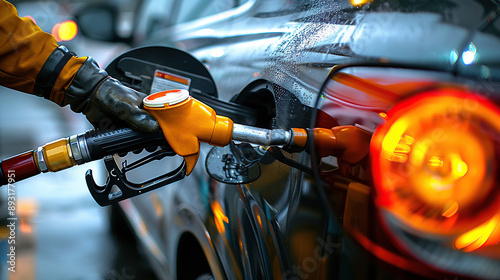 Close-up of a hand holding a gas pump while filling a car with fuel