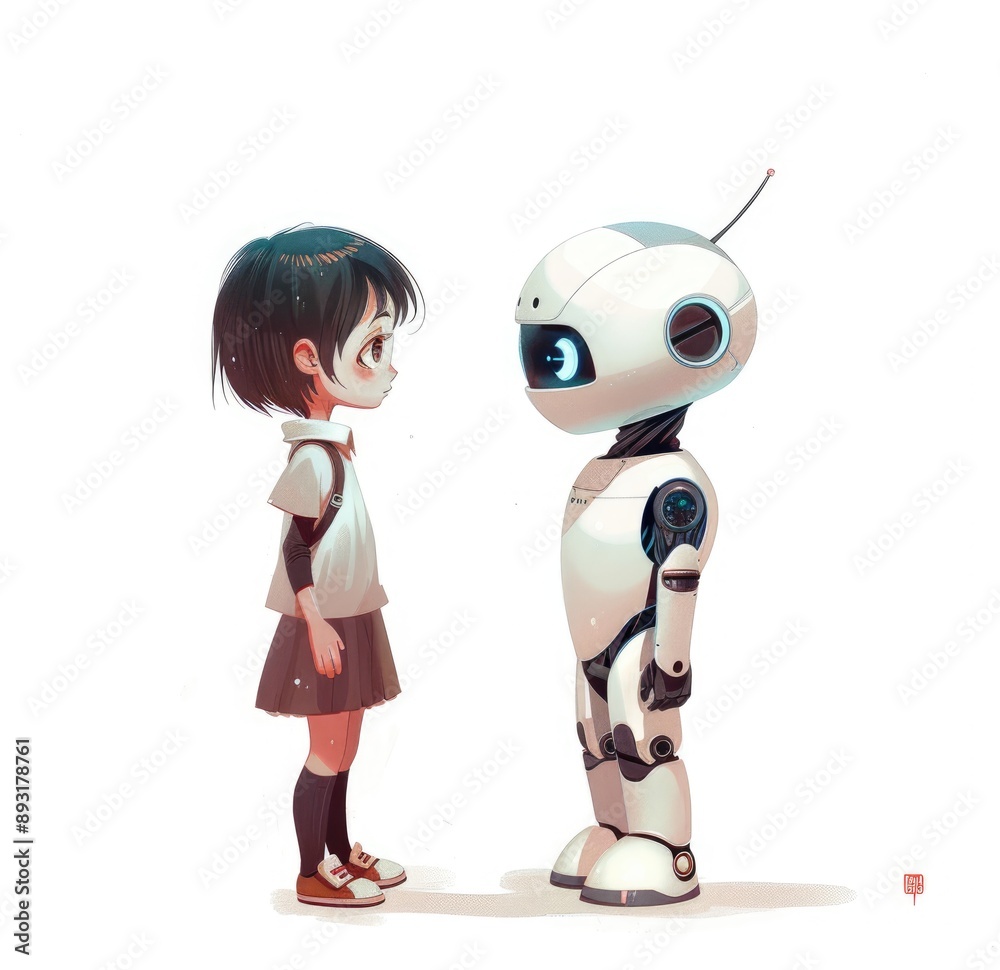 A Girl and a Robot Face Each Other in a White Background A Girl and a Robot Face Each Other in a White Background