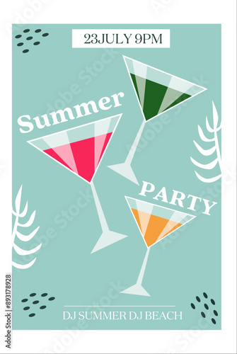 Summer party inventation template. Vector Summer Beach Party Flyer Design with cocktails elements on blue  background. Beach party illustration.