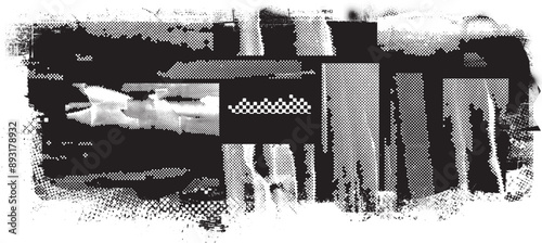 Glitch distorted grange shape . Noise grungy logo . Trendy defect error shapes . Glitched frame .Grunge textured . Distressed effect .Vector shapes