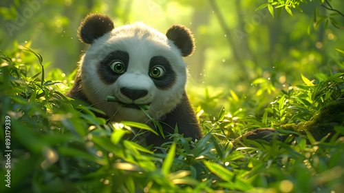 Cute Panda Eating Bamboo in a Lush Forest 3D Illustration