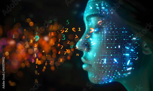 AI speaks letters, text-to-speech or TTS, text-to-voice, speech synthesis applications, generative Artificial Intelligence, futuristic technology in language and communication.