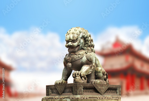 Obraz na plátně Horizontal background with ancient pavilions and lion statue in Forbidden City