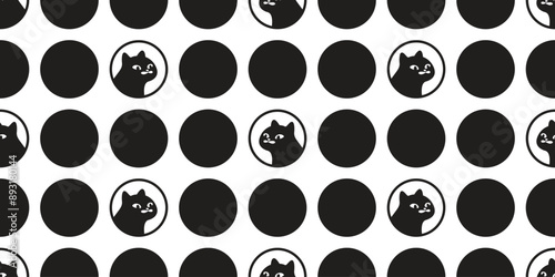 cat seamless pattern black kitten moustache polka dot calico neko vector cartoon pet doodle tile background gift wrapping paper repeat wallpaper scarf isolated illustration design