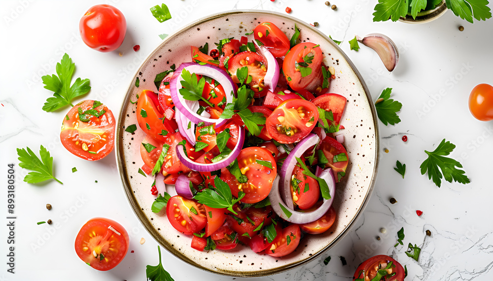 Summer vegan tomato salad with parsley, red onion, garlic, pepper and olive oil dressing, white table background, top view Summer vegan tomato salad with parsley, red onion, garlic, pepper and olive oil dressing, white table background, top view