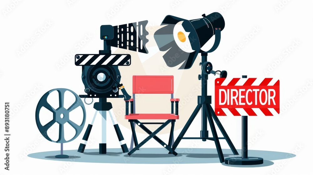 Obraz premium Filmmaking gear with camera, reels, director's chair, spotlight, megaphone, and clapperboard. Old-style movie concept. Simple, flat vector graphic on a white background.