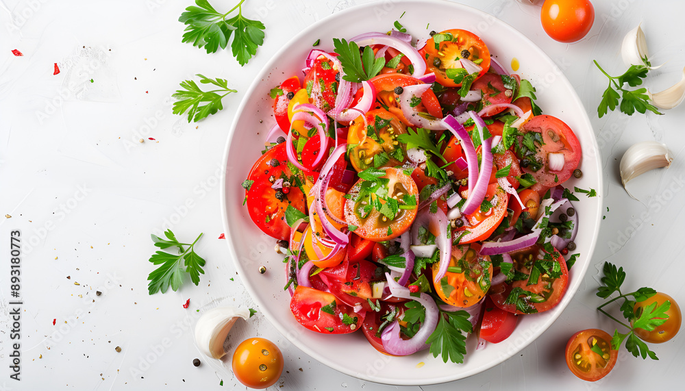 Summer vegan tomato salad with parsley, red onion, garlic, pepper and olive oil dressing, white table background, top view Summer vegan tomato salad with parsley, red onion, garlic, pepper and olive oil dressing, white table background, top view