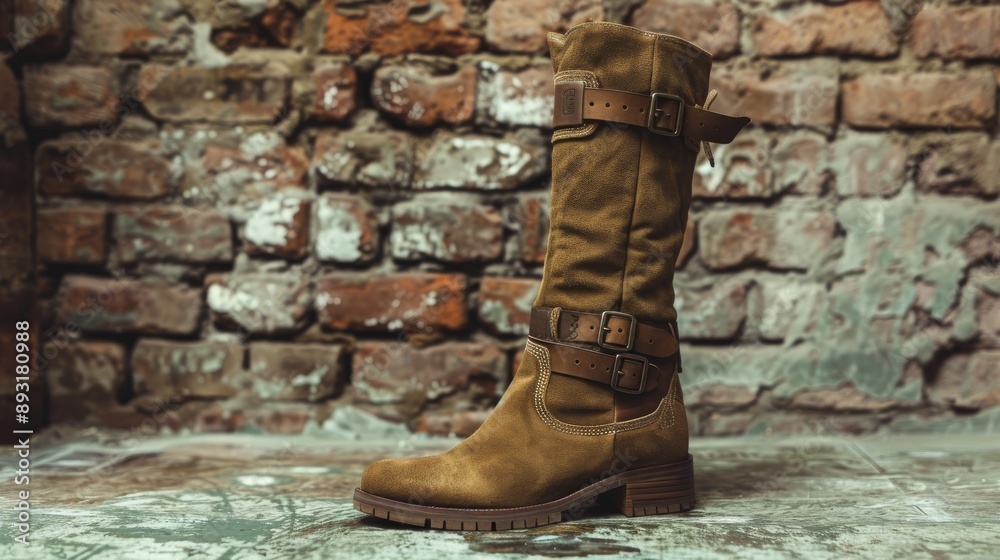 A Close up of a Pair of Brown Boots Sitting in Front of a Brick Wall - Generative AI A Close up of a Pair of Brown Boots Sitting in Front of a Brick Wall - Generative AI
