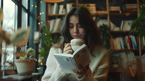 Young woman holding coffee, drinking and reading a book