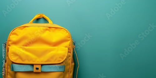 Yellow school bag isolated, mint background, copy space left photo