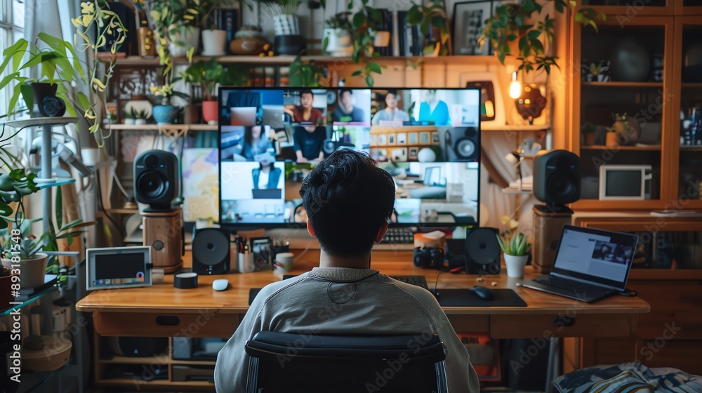 Fototapeta premium Person participating in a virtual meeting from a home office setup with multiple screens and electronic devices surrounded by plants and decor.