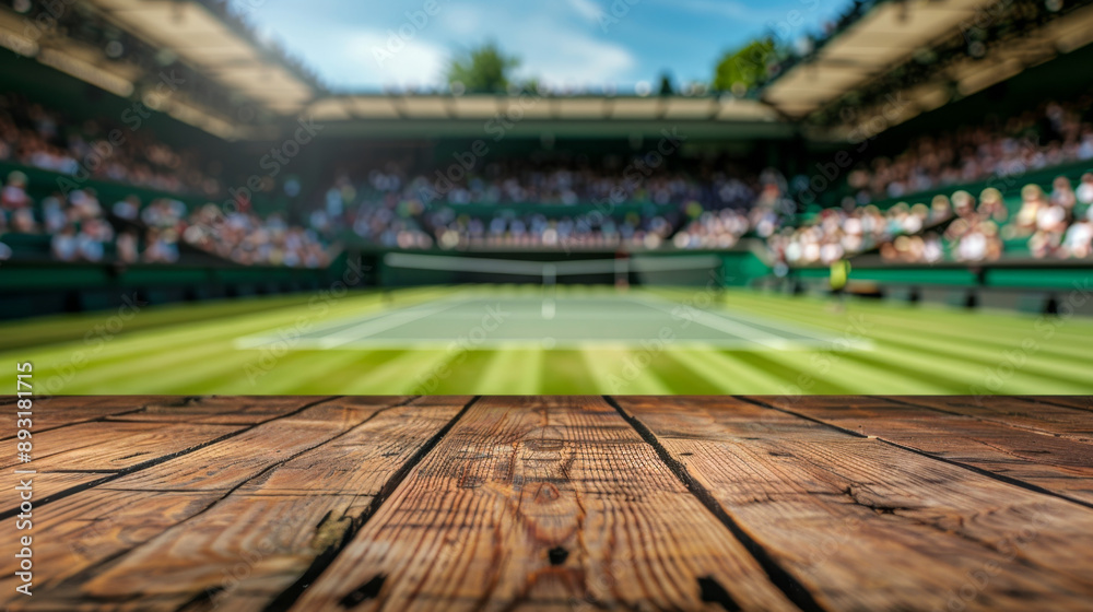 wooden table with tennis stadium background, blurred background of the wimbledon field, grass court with stands full and cheering crowd wooden table with tennis stadium background, blurred background of the wimbledon field, grass court with stands full and cheering crowd