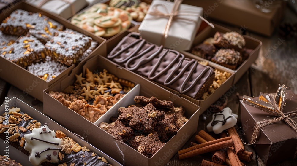 Holiday gift boxes with goodies, ready to be gifted. Assortment of baked goodies and brittle spilled out of one box. Holiday gift boxes with goodies, ready to be gifted. Assortment of baked goodies and brittle spilled out of one box.