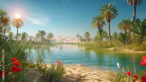 A View of a Body of Water With Red Flowers and Palm Trees in the Background - Generative AI
