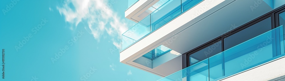 Fototapeta premium A building with balconies and a blue sky background.