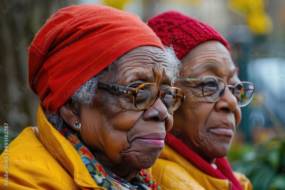 Fototapeta premium Two elderly women with thoughtful expressions look into the distance wearing colorful headwear and glasses